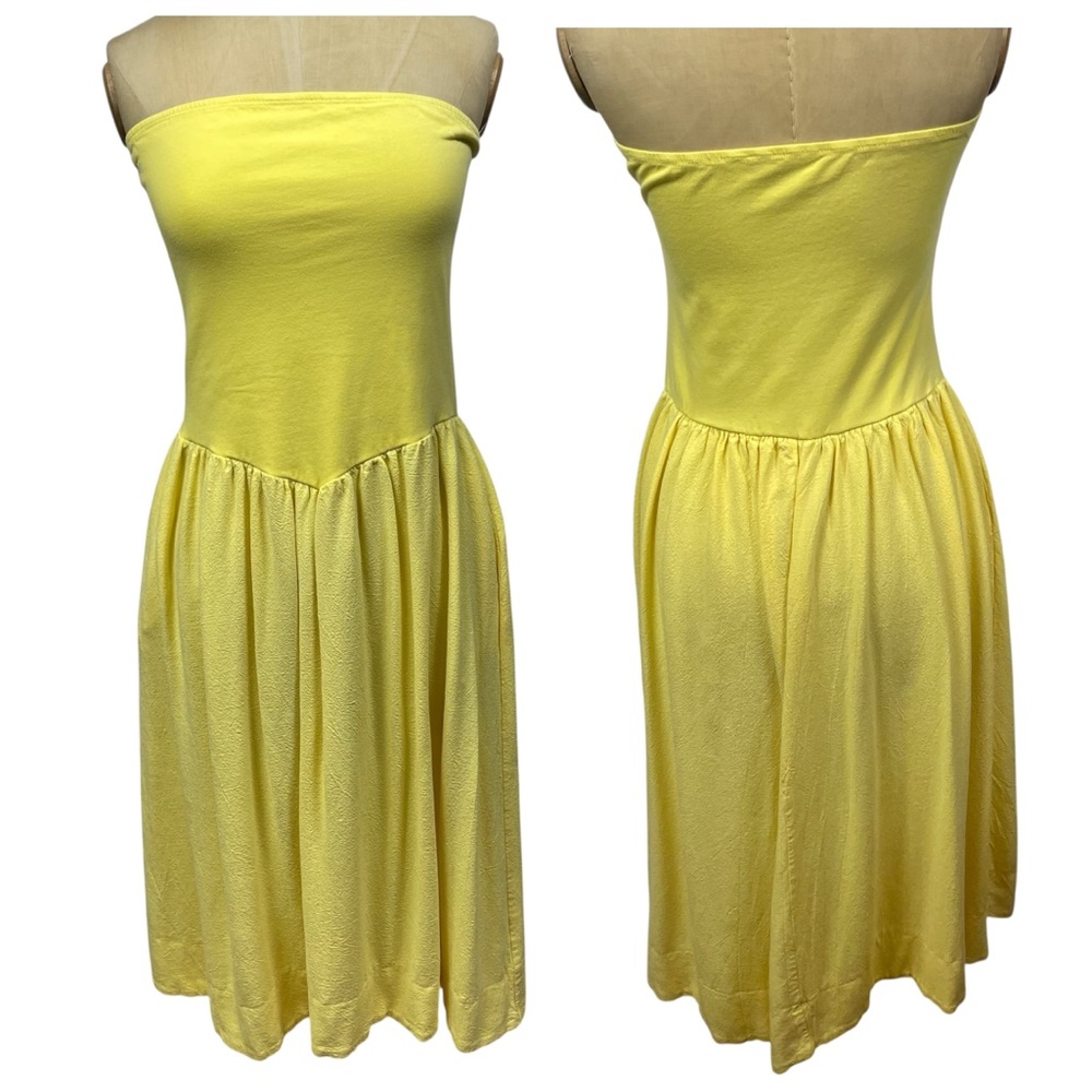 VTG Buttery Yellow Tube Dress Strapless Med Cotton Midi Classic Feminine Minimal